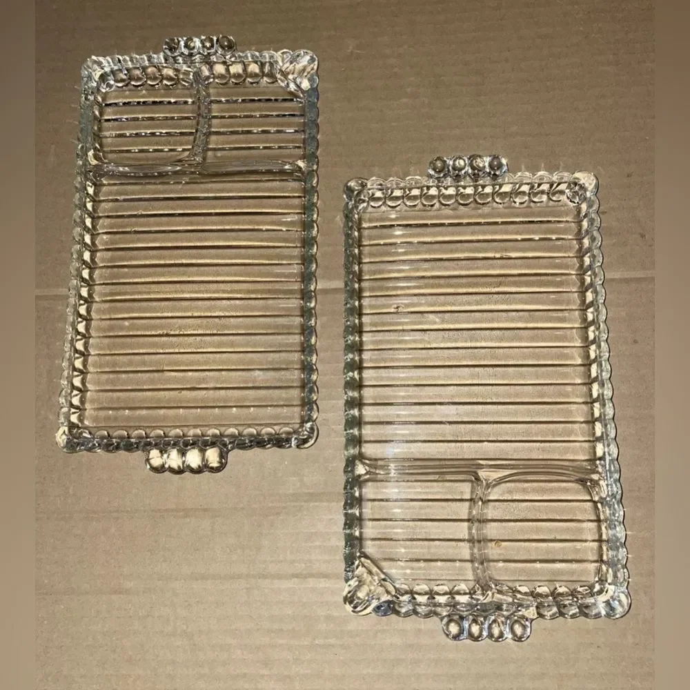 Hazel Atlas Ball & Rib Elegant Clear Glass Smoke Snack & Sip Tray 6 Oz Cup Set